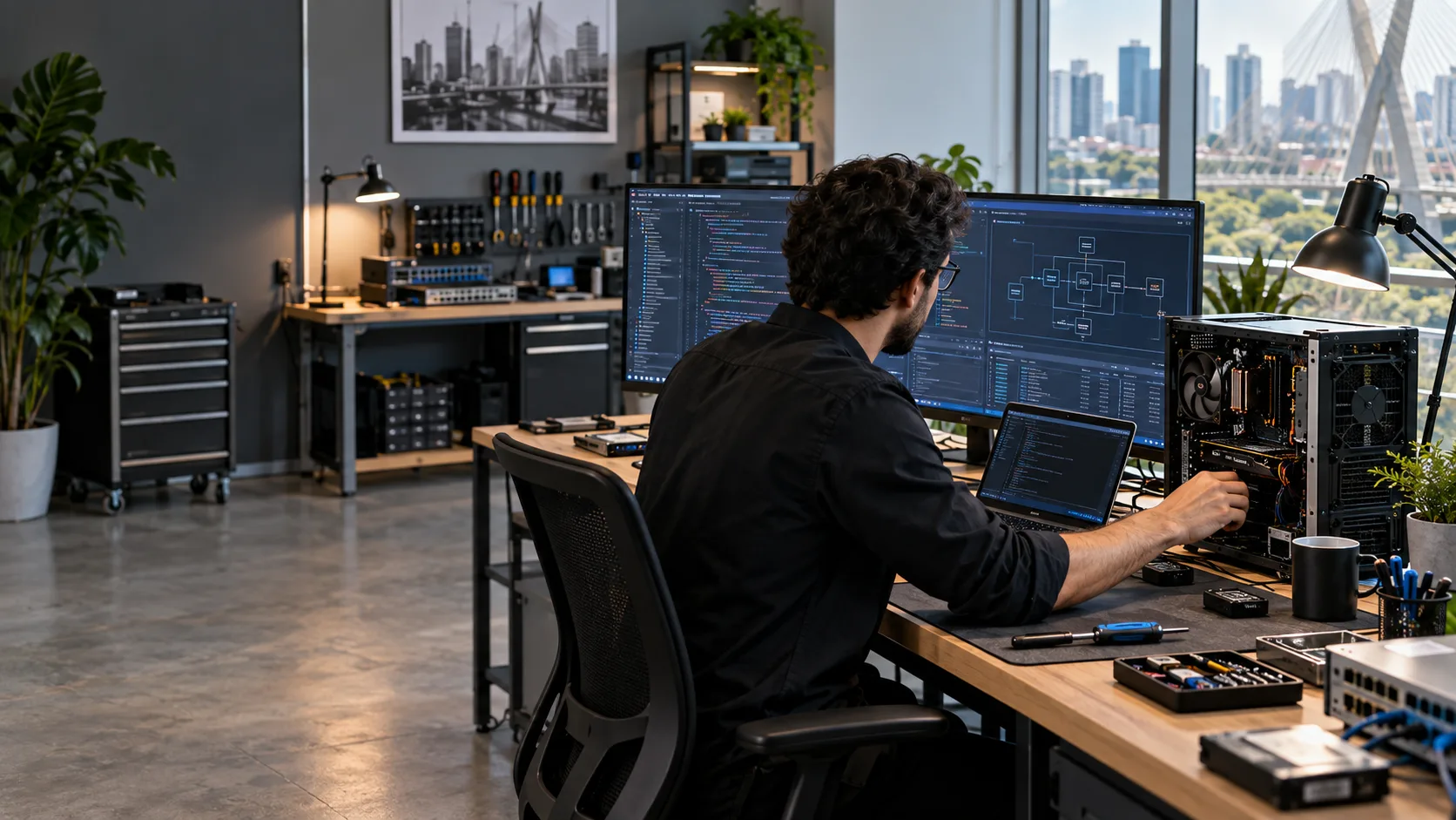 Profissional trabalhando com software e manutenção de tecnologia